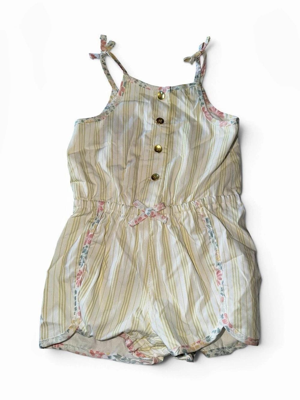 Shabby Chic Yellow Striped Floral Trim Romper Cream & Yellow 12M New With Tags
